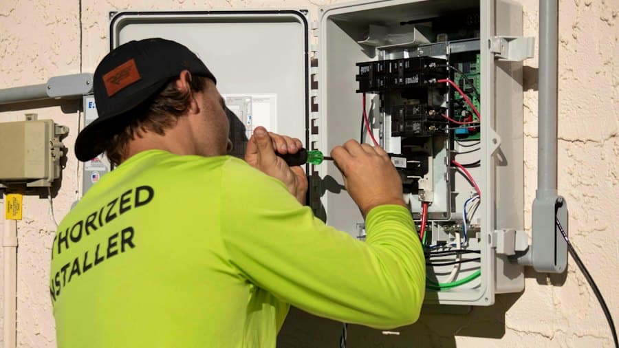 Electricista trabajando en un gabinete eléctrico exterior