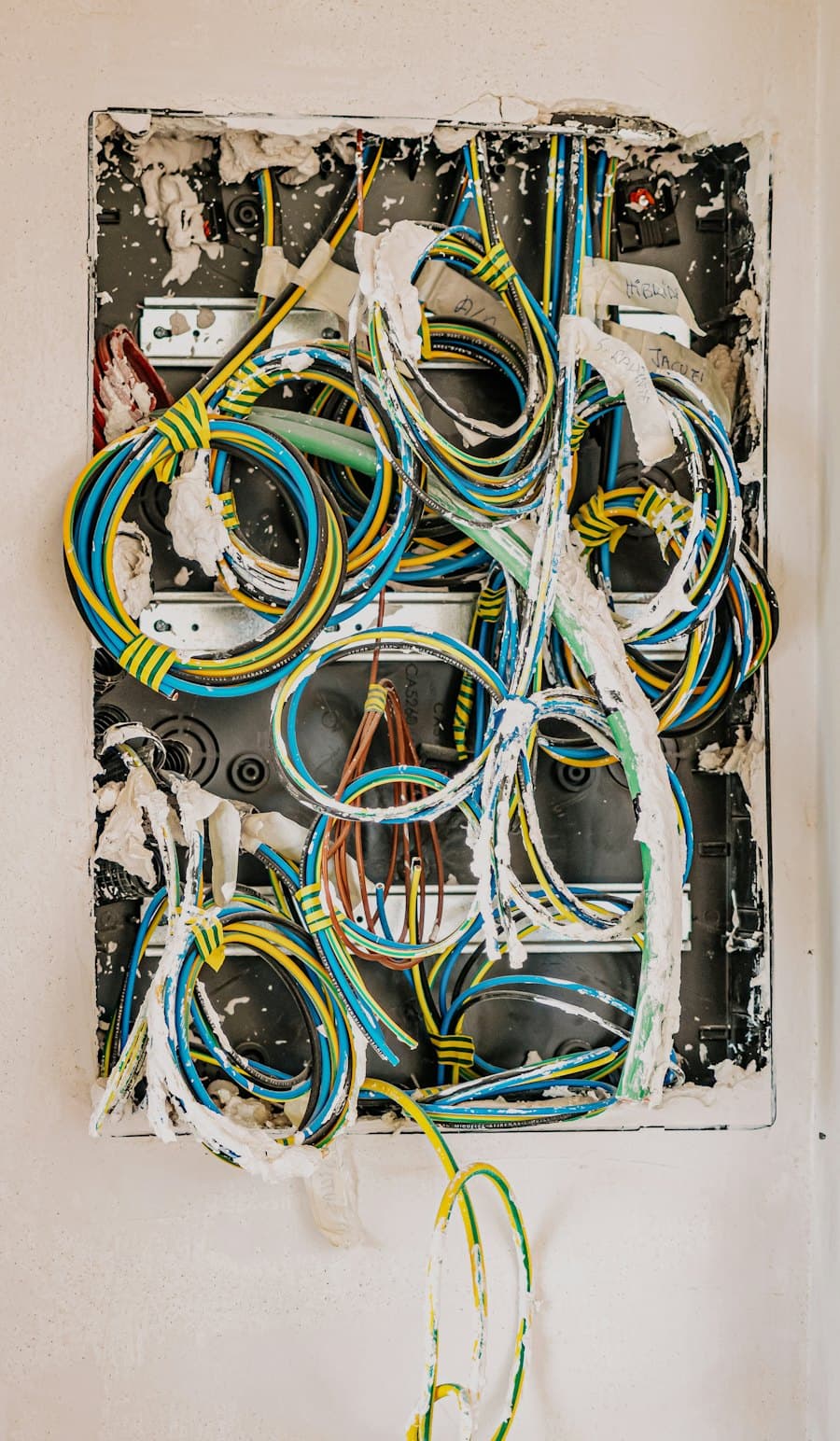 Caja de pase con cables de colores en una obra